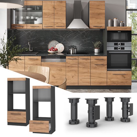 Vicco Armoire à micro-ondes Fame- Line, Chêne puissant or/Anthracite, 60 cm ouvert