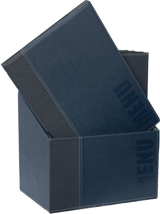 Blauwe menubox met menumappen met gestreepte detail, één map schuin.