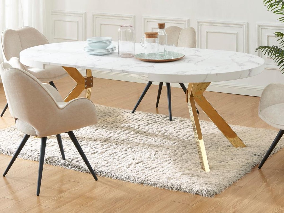 Vente-unique Uitschuifbare eettafel voor 4 tot 8 personen van MDF en staal - Wit en goud marmereffect - KOMONI