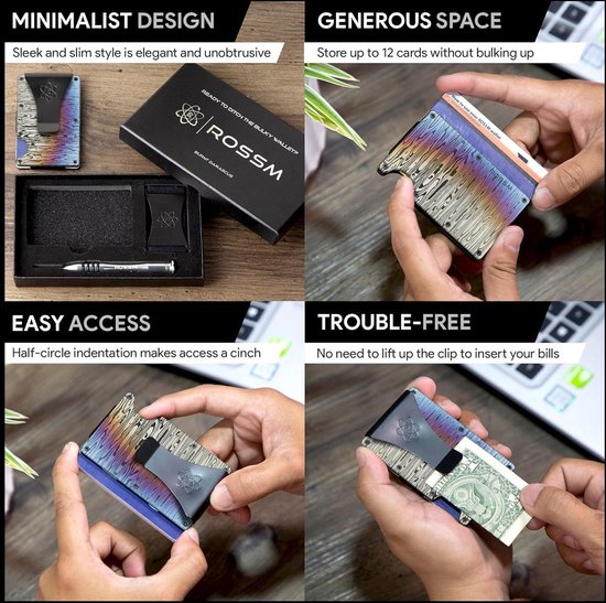 Rossm Men's RFID Protection Wallet Carbon Fiber Metal Card Holder with Money Clip and Elastic Band Slim RFID Wallet for Men Money Clip, Black Damascus, Money Clip