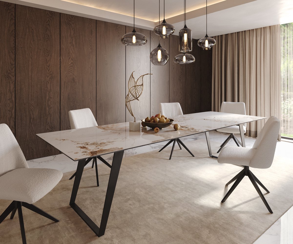 DELIFE Eetkamertafel Edge keramiek Minas Melange wit-beige 300x100 metaal schuin zwart Weiß-Beige