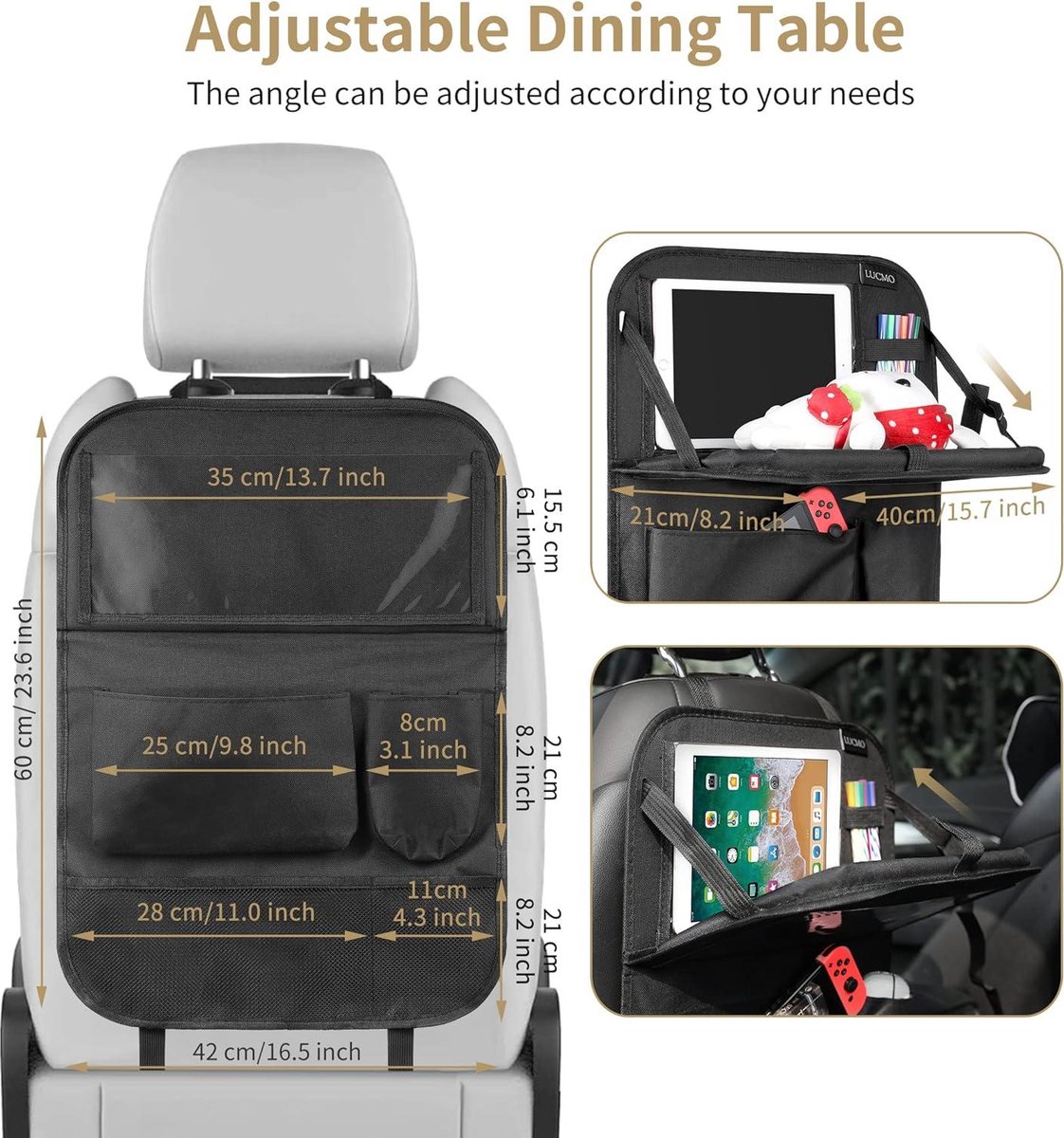 Autostoelorganizer achterbank-organizer met tablet- en telefoonopslag - waterdicht - multifunctioneel - autotas voor kinderen met LUCMO reistafel – foto 8