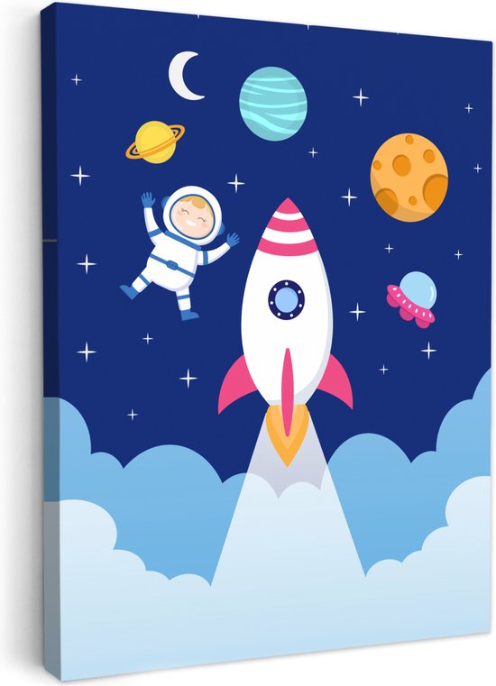 Canvas schilderij 30x40 cm - Wanddecoratie kinderkamer Raket - Ruimte - Astronaut - Blauw - Jongens - Muurdecoratie babykamer - Kamer decoratie voor jongens en meisjes - Baby accessoires - Schilderijen
