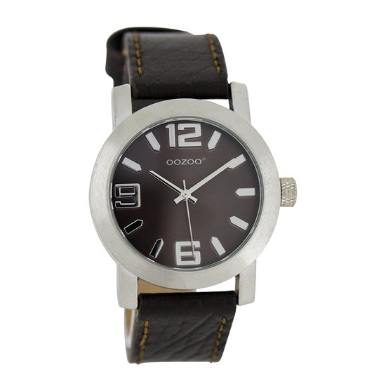OOZOO Timepieces - Zilverkleurige horloge met donker bruine leren band - JR203
