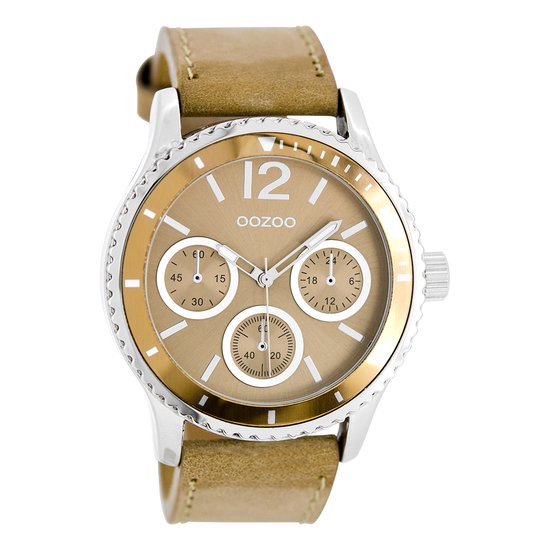 OOZOO Timepieces - Zilverkleurige horloge met zand leren band - C5676