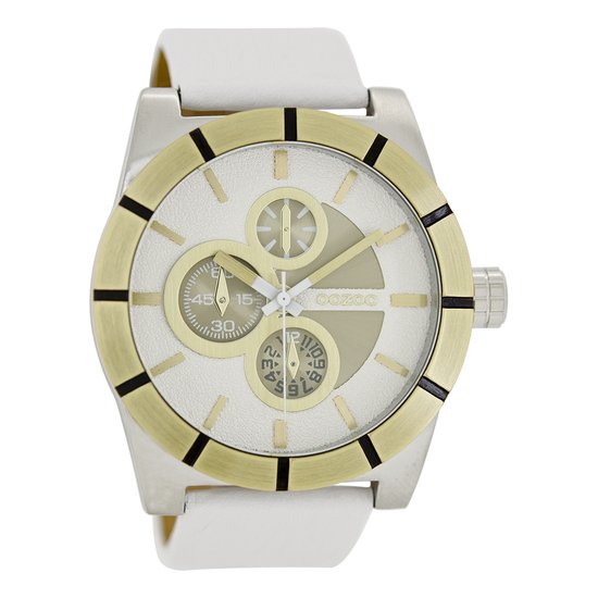 OOZOO Timepieces - Zilverkleurige horloge met witte leren band - C6430