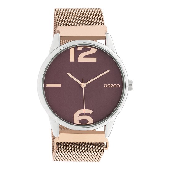 OOZOO Timepieces - Zilverkleurige horloge met rosé goudkleurige metalen mesh armband - C10868
