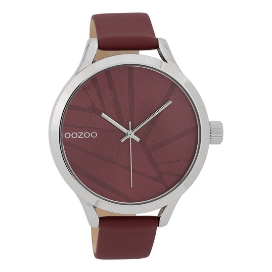OOZOO Timepieces - Zilverkleurige horloge met bordeaux rode leren band - C9682