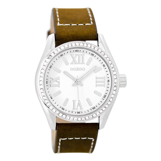 OOZOO Timepieces - Zilverkleurige horloge met cognac leren band - C8739