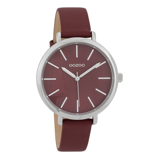 OOZOO Timepieces - Zilverkleurige horloge met bordeaux rode leren band - C9698