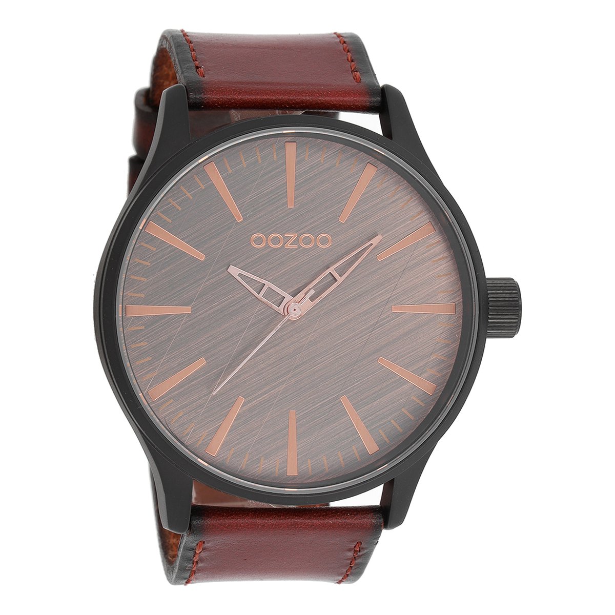 OOZOO Timepieces - Zwarte horloge met rood-bruine leren band - C7862