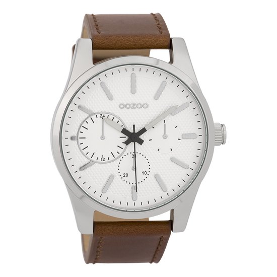 OOZOO Timepieces - Zilverkleurige horloge met bruine leren band - C9616