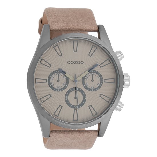 OOZOO Timepieces - Titanium horloge met beige leren band - C8200