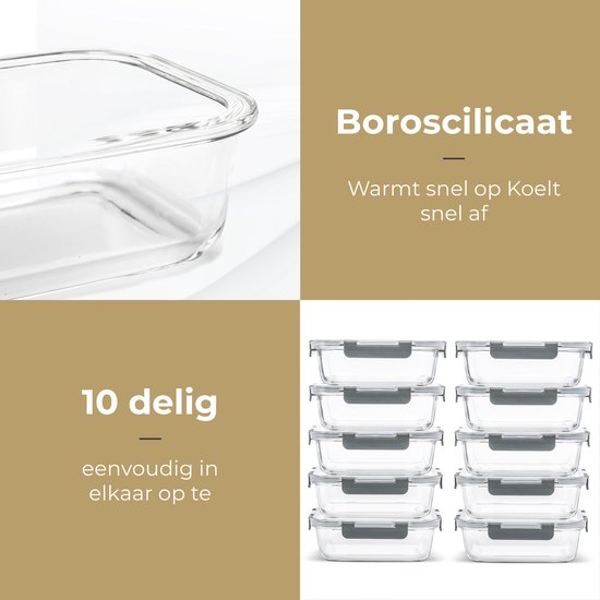 Stosh Meal Prep Bakjes - Vershoudbakjes - Diepvriesbakjes - Luchtdicht - 10 Stuks - 1L - BPA Vrij - Glas