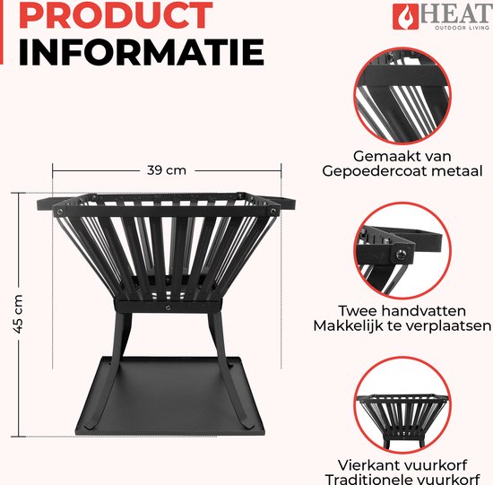 Afmetingen en details van de zwarte metalen vuurkorf: 45 cm hoog, 39 cm breed, gemaakt van gepoedercoat metaal, met handvatten.
