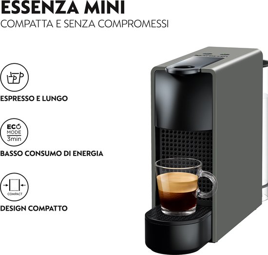Grijze Krups Essenza Mini koffiemachine met tekst 'Espresso e lungo', 'Eco mode 3min' en 'Design compatto'.