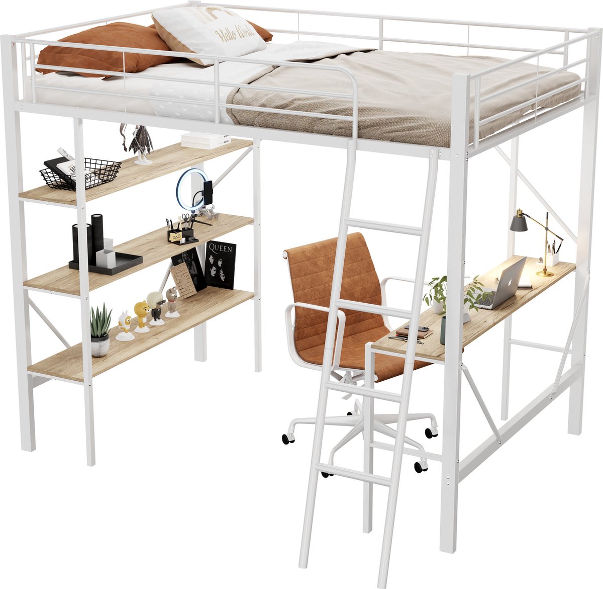 Merax Hoogslaper met Bureau - Kinderbed 90x200 cm met Planken - Metalen Bed met Opbergruimte - Wit