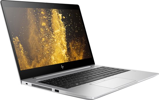 Zilveren HP EliteBook laptop met een display vol met gouden en gele stofwolkjes. Laptop is half opengeklapt, met zicht op het toetsenbord.
