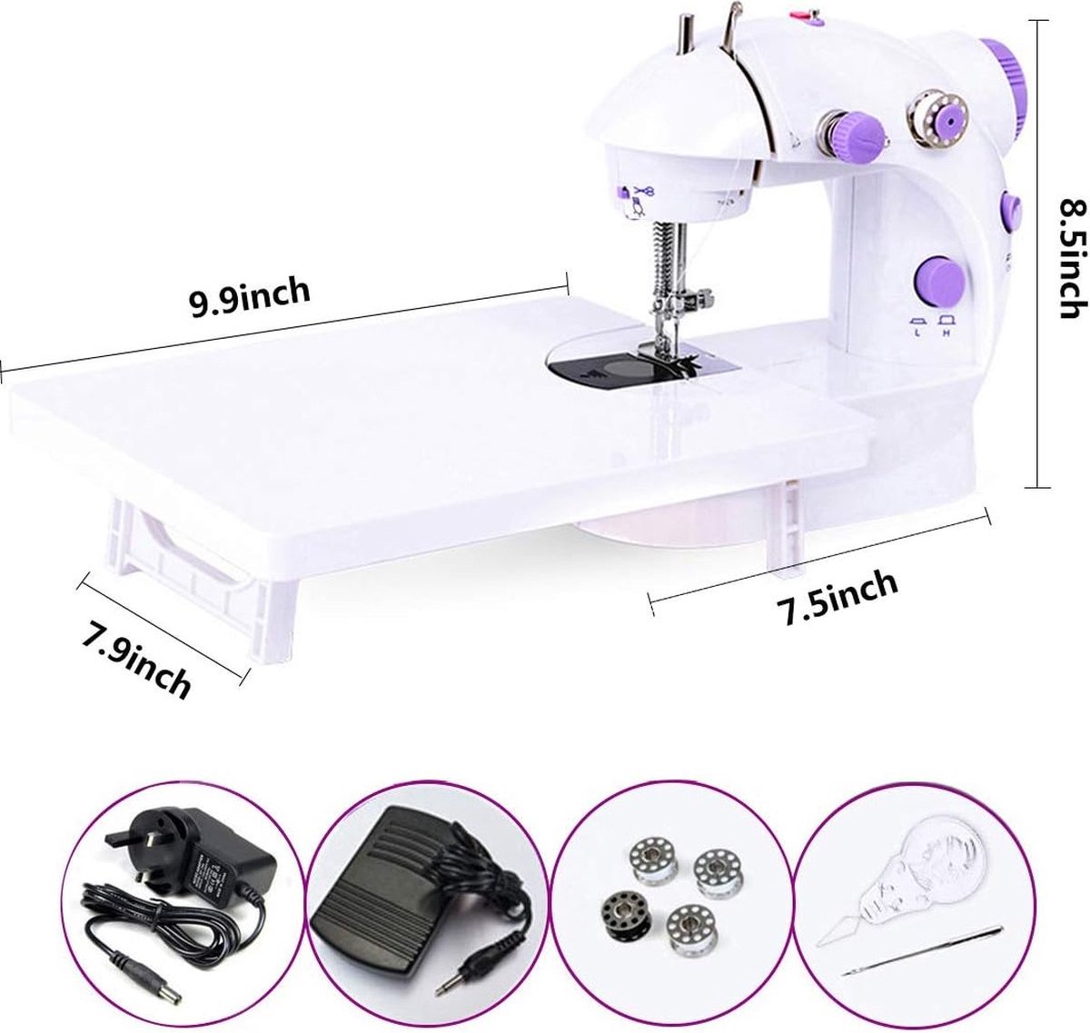Miniatuur Naaimachine met Verlengtafel en Naaimachine Accessoires Katoenen Stof Twee Draden Dubbele Snelheid Dubbele Schakelaars Huishouden Kinderen Beginners Reizen Automatische Naaimachine