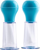 Deux pompes téton bleues avec cylindres transparents, sur fond blanc.