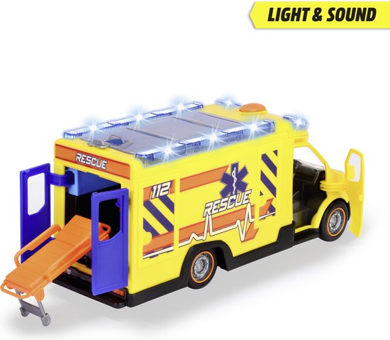 Gele ambulance met open achterdeuren, een uitgeschoven oranje brancard, en sirene lichten.