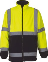 Veste polaire lourde Yoko Signalisatie. Corps et manches jaunes avec bandes réfléchissantes, bas et poignets bleu marine. Fermeture éclair.