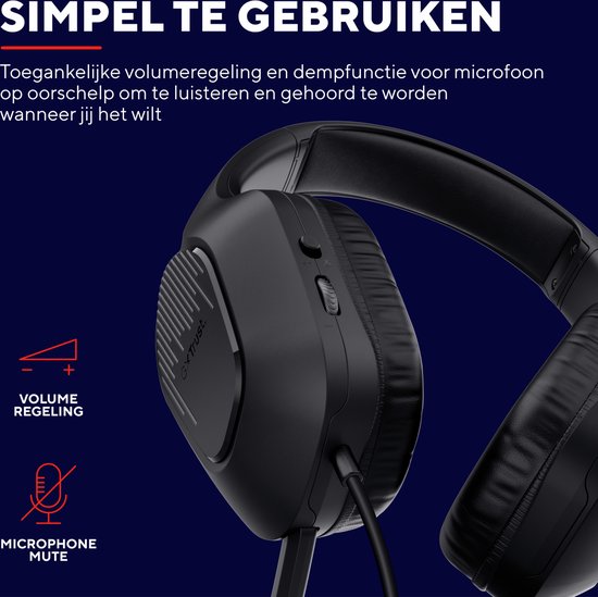 Zwarte gaming headset met aanpasbaar volume en microfoon mute op het oorschelp.