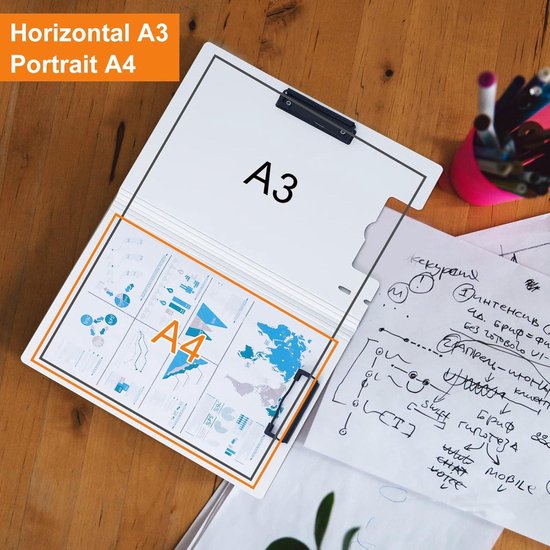 Presse-papiers A4 Double Pinces Grijs Zwart avec Couvercle Tableau d'Ecriture en PVC - Formulaires de Notes