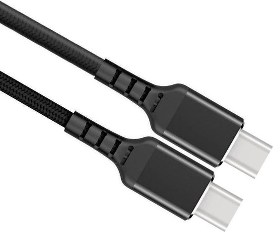 Zwarte, gevlochten USB-C naar USB-C kabel met zwarte connectoren.