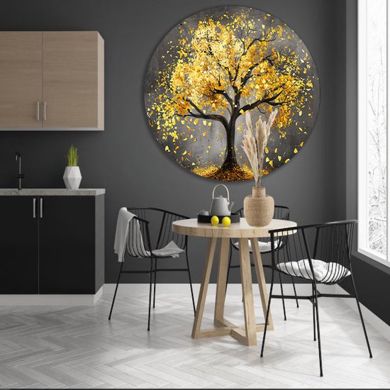 Décoration murale arbre rond - Tableau rond nature - Plaque murale feuilles - Or - Tableaux ruraux - Bol mural - Accessoires chambre cercle mural forex 100x100 cm