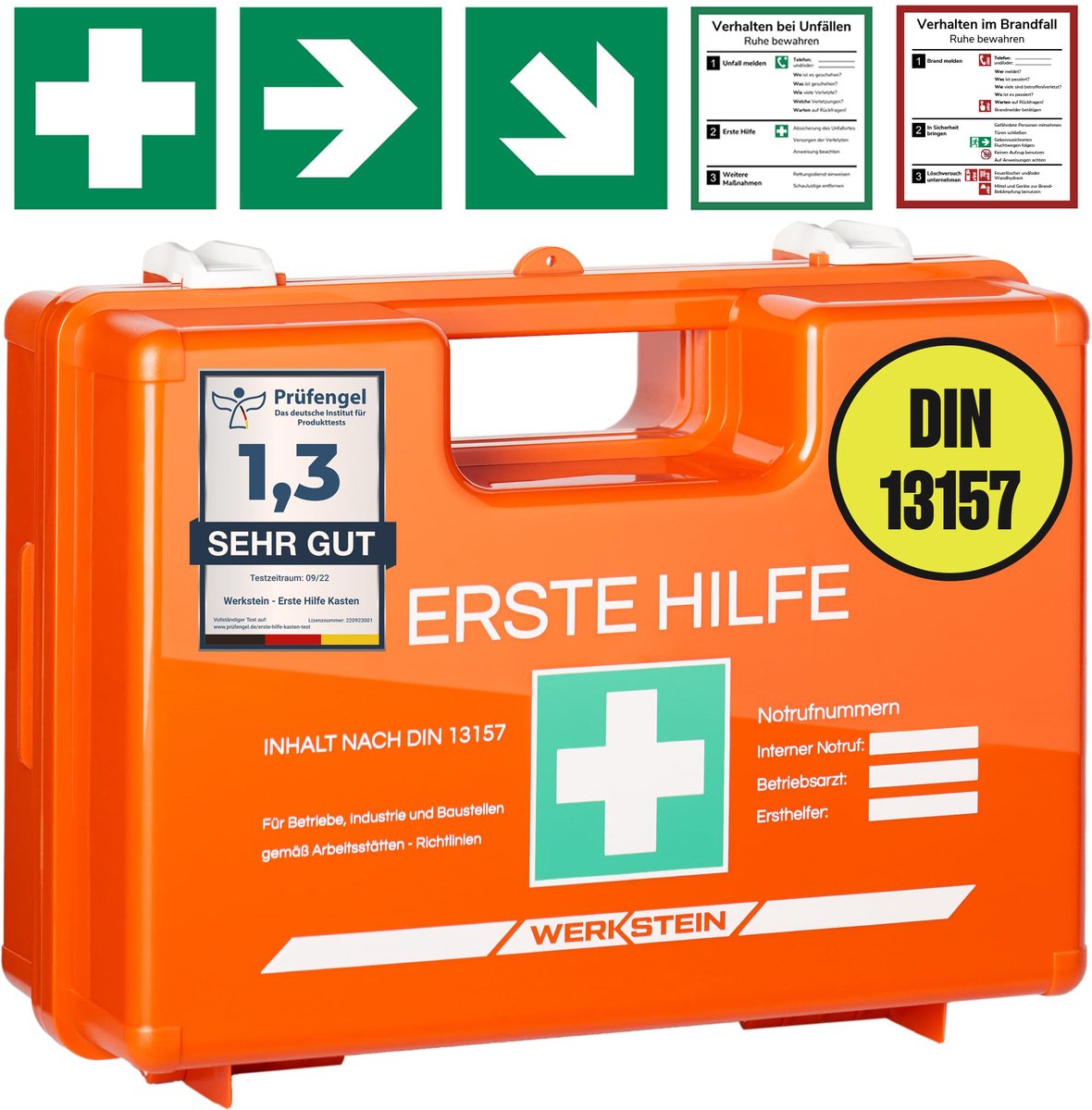 Goedkoopste WERKSTEIN EHBO koffer met inhoud volgens de nieuwe DIN 13157 2021 - EHBO doos inclusief praktische muurbeugel, 5x stickers & zegel - EHBO set opbergbox voor bedrijven, instellingen en thuis