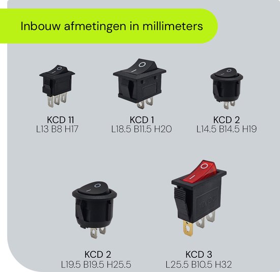 Verschillende ProRide schakelaars met inbouwmaten: KCD 11, KCD 1, KCD 2, KCD 3.