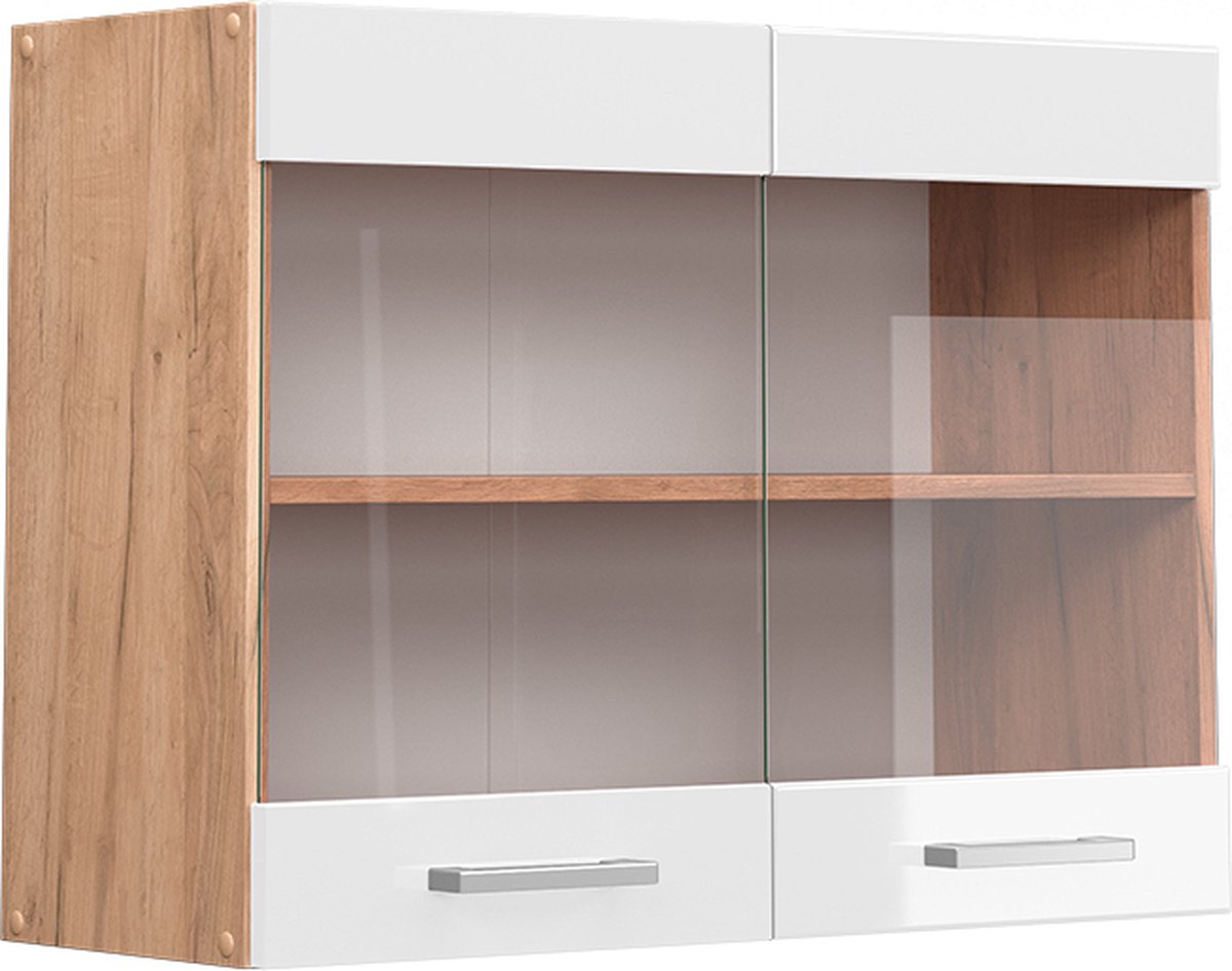 Vicco R-Line Glazen keukenkast – 80 cm Wit Hoogglans Wit Hoogglans/Goudkleurig Eiken