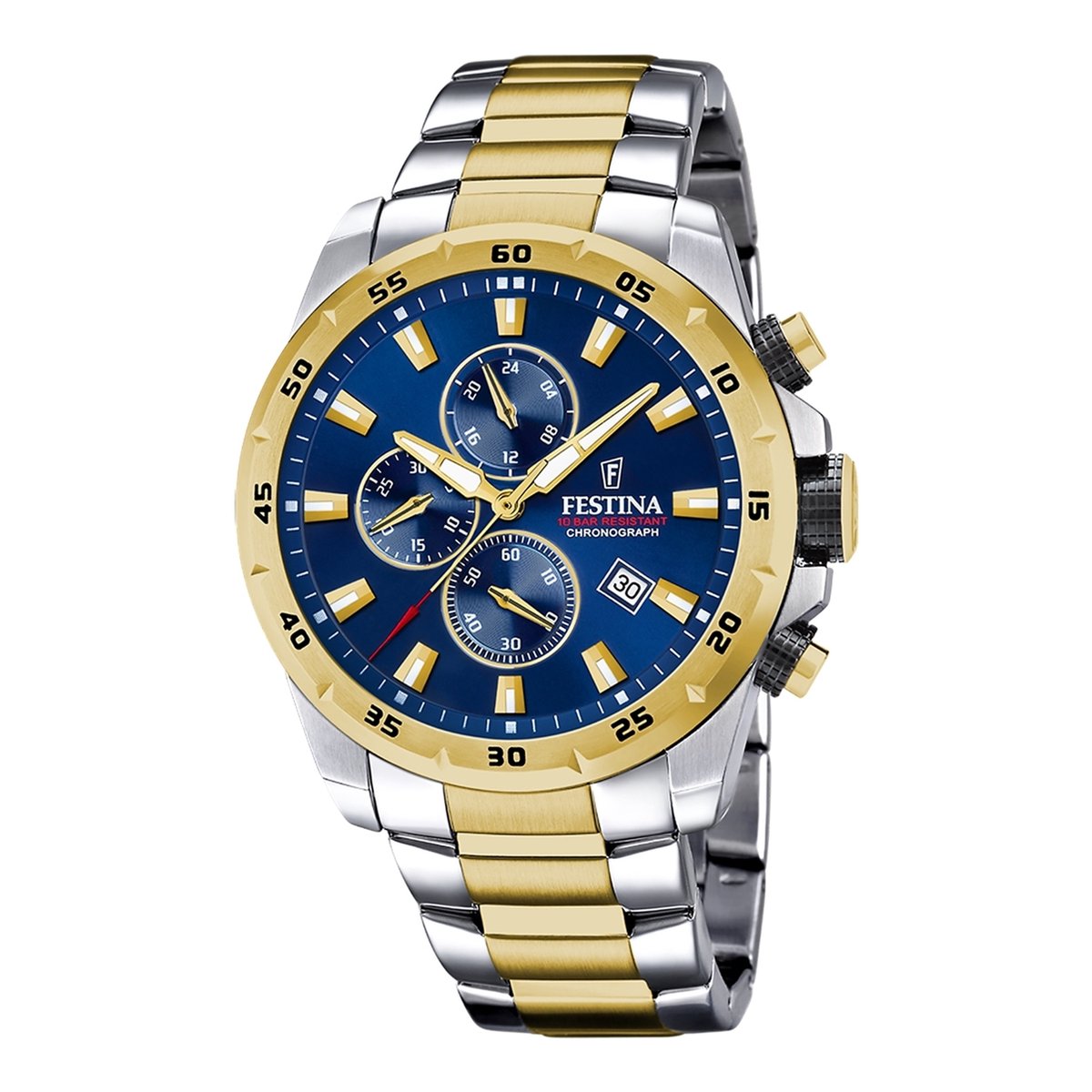 Festina F20562-2 Heren Horloge - Chronograaf - Mineraalglas - Roestvrijstaal-Staal - Goudkleurig-Zilverkleurig - Ø 45 mm - Quartz - Vouw-Vlindersluiting