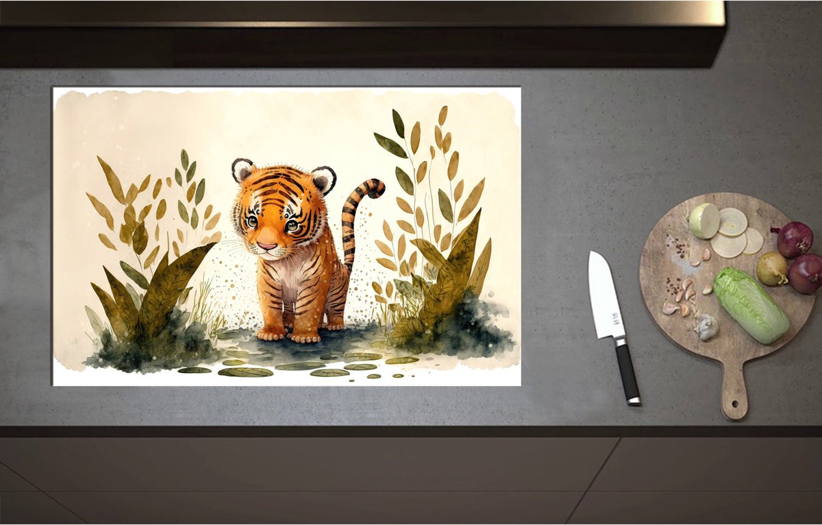 Inductieplaat Beschermer - Cartoon Tekening van Tijger Welpje tussen de Planten - 85x55 cm - 2 mm Dik - Inductie Beschermer - Bescherming Inductiekookplaat - Kookplaat Beschermer van Wit Vinyl