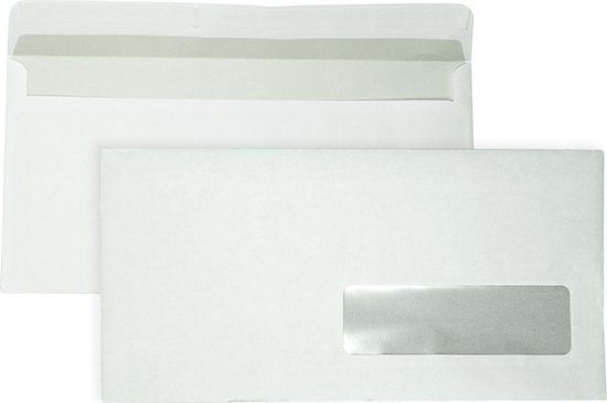 Twee witte enveloppen, één geopend met grijze plakstrip, één gesloten met venster rechts. Afmetingen: 110 x 220 mm.