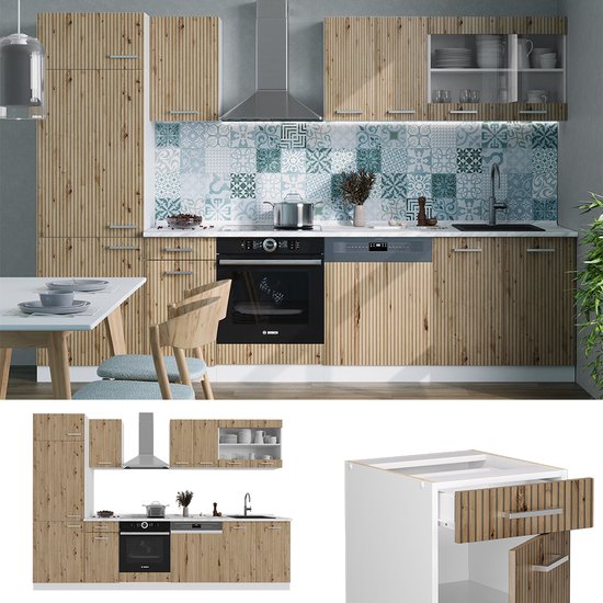 Vicco Cuisine R-Line, Chêne Artisan/Anthracite, 300cm avec armoire haute, PT Anthracite | Leroy Merlin
