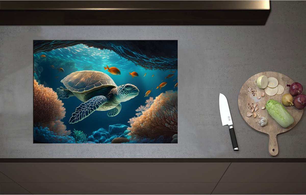 Inductieplaat Beschermer - Cartoon van Zeeschildpad Zwemmend in Grotten op Zeebodem - 71x51 cm - 2 mm Dik - Inductie Beschermer - Bescherming Inductiekookplaat - Kookplaat Beschermer van Wit Vinyl