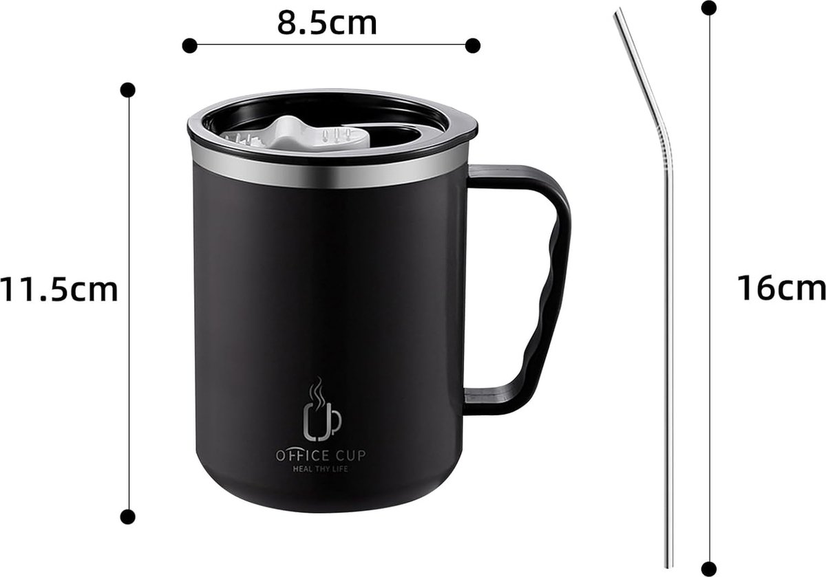 Thermomok Coffee To Go 500 ml, dubbelwandige geïsoleerde mok van roestvrij staal met handvatrietje en schuifdeksel, koffiemok voor warme en koude koffie, water en thee, BPA-vrij - zwart — cadeau in Cadeau-ideeën - foto 3
