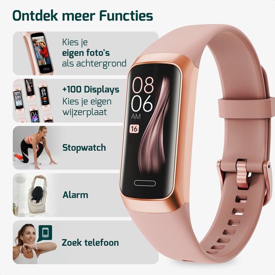 Roze activity tracker met rosegouden frame. Opties voor eigen foto als achtergrond, stopwatch, alarm en telefoon zoeken.