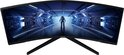 Gebogen Samsung monitor met een astronaut in een futuristische gang.