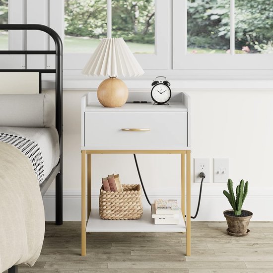3-laags bijzettafeltje met lade, dubbele plank, smal nachtkastje (D 60,5 cm Lx11,5 cm Bx 24,5 inch H
