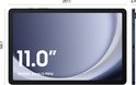 Afmetingen van de donkerblauwe Samsung Galaxy Tab A9+: 257,1 mm breed, 168,7 mm hoog en 6,9 mm dik, met een 11.0 inch WUXGA 90Hz scherm.