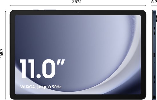 Afmetingen van de donkerblauwe Samsung Galaxy Tab A9+: 257,1 mm breed, 168,7 mm hoog en 6,9 mm dik, met een 11.0 inch WUXGA 90Hz scherm.