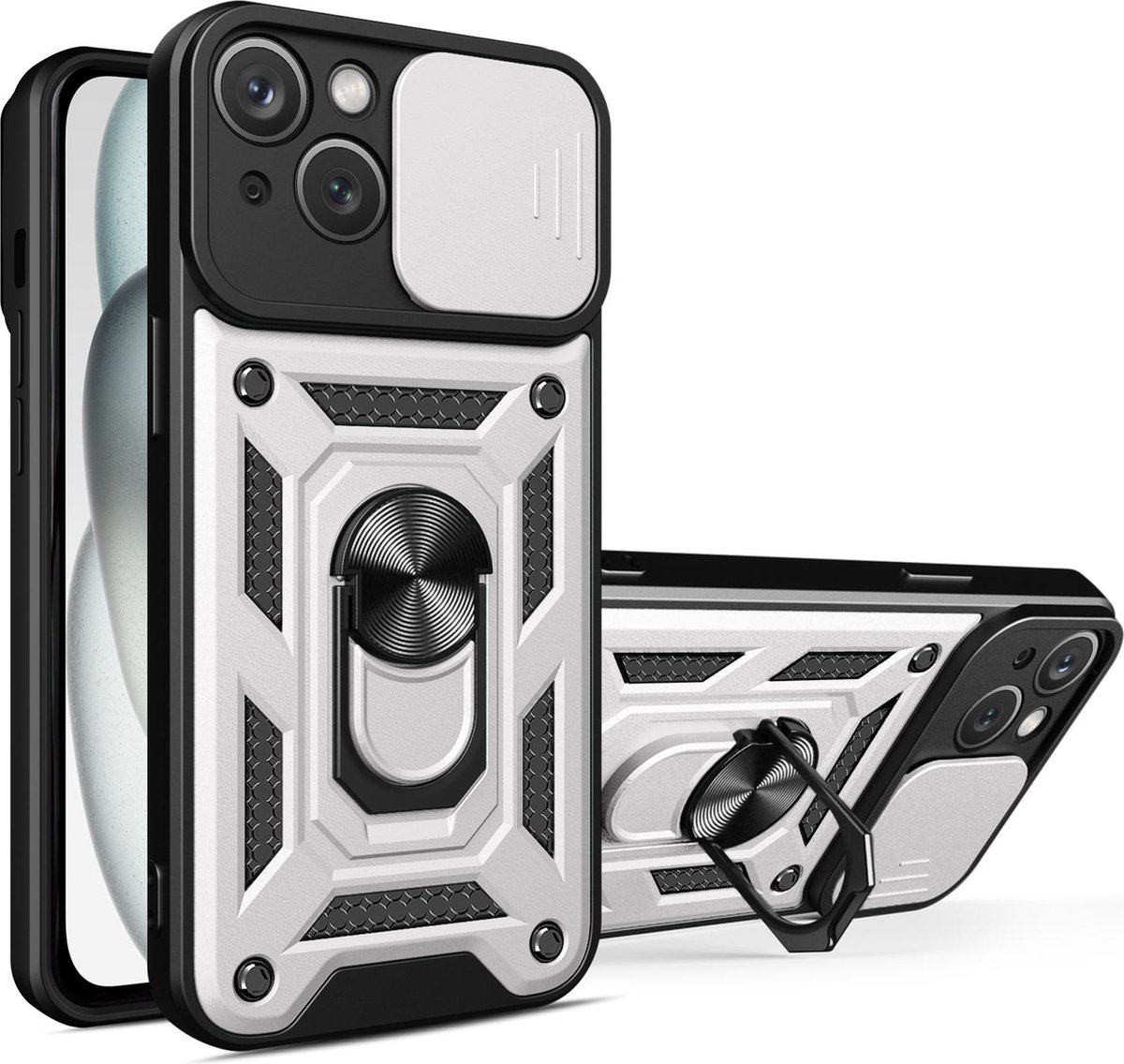 Hoesje geschikt voor iPhone 15 met Ringhouder en Camera schuifje – Zilver