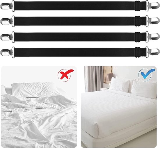 4 stuks verstelbare bedlakenspanners, driehoekige bedlakenclips, 3-voudig verstelbare driehoekige lakdragers, bladbevestiging, bevestigingsclip, plafondriem, lus, matrasafdekking, bladclip (zwart