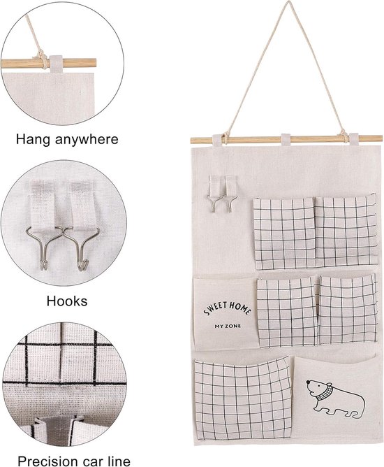 Yago Hangende canvas organizer | Lichtgrijs | Opbergen | Hangend | Zweedse Stijl | Hangende opberger | Stevig | Creatief | Opbergtas | 4 vakken | Tijdschriften opberger | Structureren