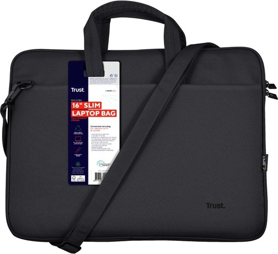 Zwarte 16" Trust Bologna laptoptas met handvatten, een schouderband en productlabels.