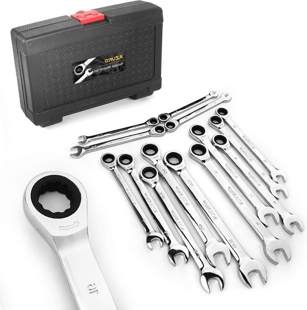 Ratcheting moersleutel set 14-delige metrische-SAE cijfersleutels chroom vanadium stalen cijfermoersleutel set met luxe koffer