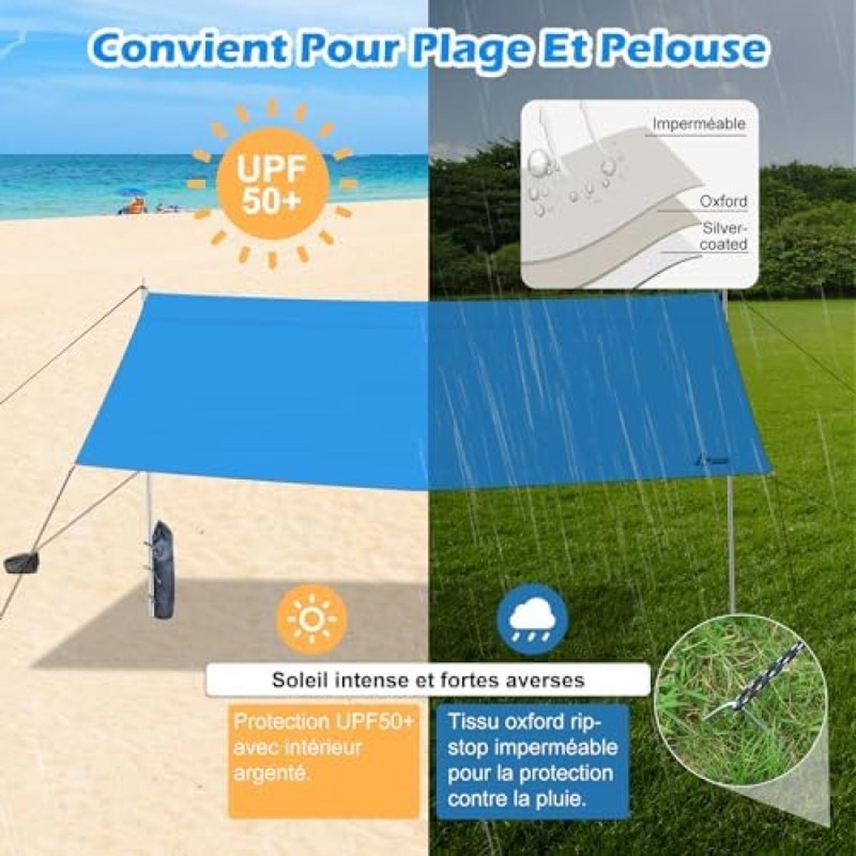 NCKIHRKK Campingzeil 3x3m - Waterdicht Tentzeil - Ultralicht 800g - Met 6 Haringen En 6 Touwen - UV-bescherming - Voor Kamperen, Strand, Picknick En Wandelen